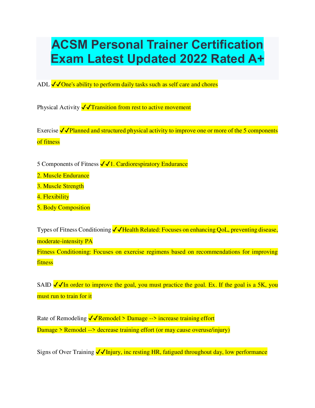 Preview of ACSM Personal Trainer Certification Exam Latest Updated 2022 Rated A+